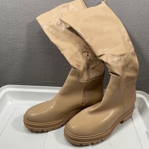 ZBY Women's Tan Faux‎ Leather Knee High Boots Chunky Lug Sole Size 8.5